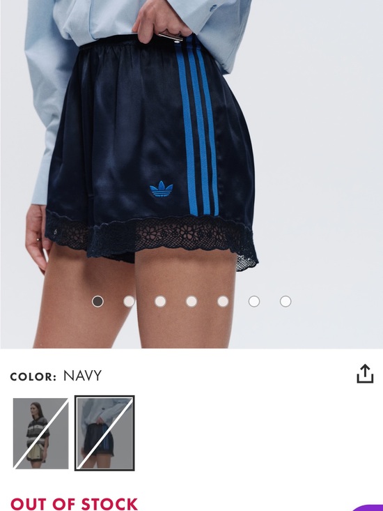 adidas Pants - adidas x asos Navy Satin Shorts with Blue Three-Stripes and Lace Trim